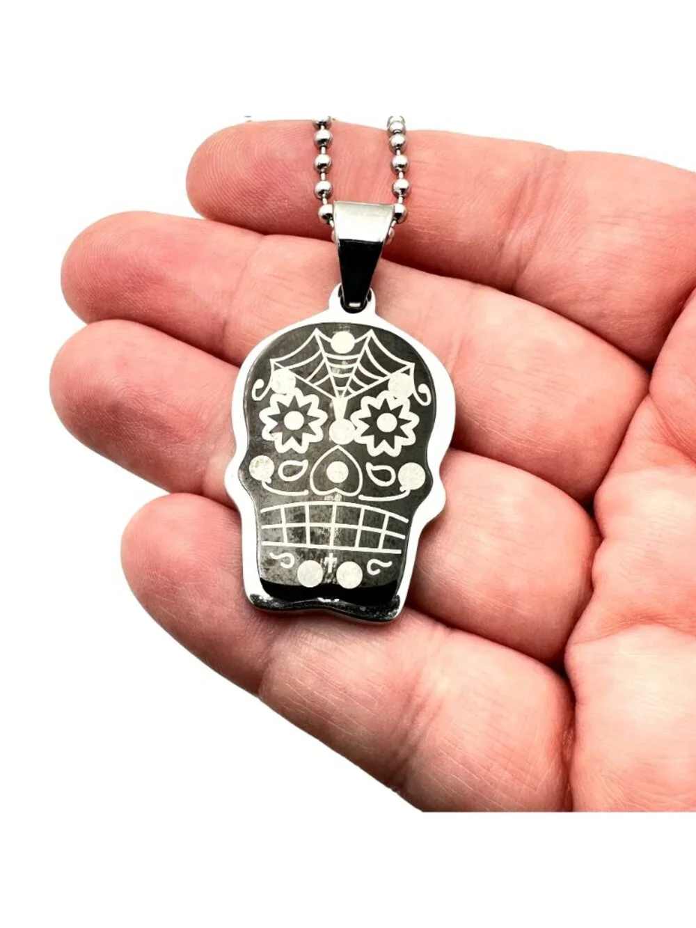 Stainless Steel Unisex Necklace Sugar Skull Day of the Dead 24 Inch Chain